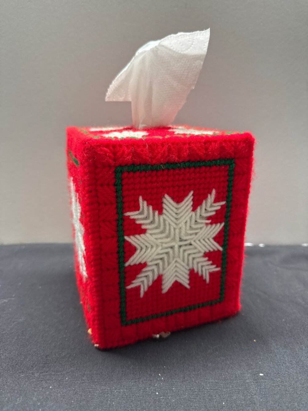 Handcrafted VTG Red Plastic Canvas Tissue Box Cover White Snowflake Design Fits